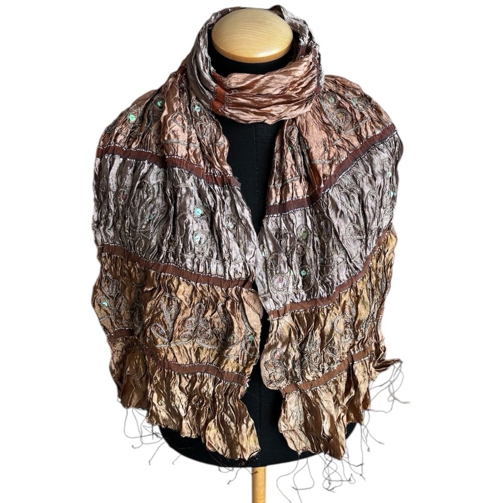 Elegant Crinkled Scarf Brown and Tan Embroidered Silk OS